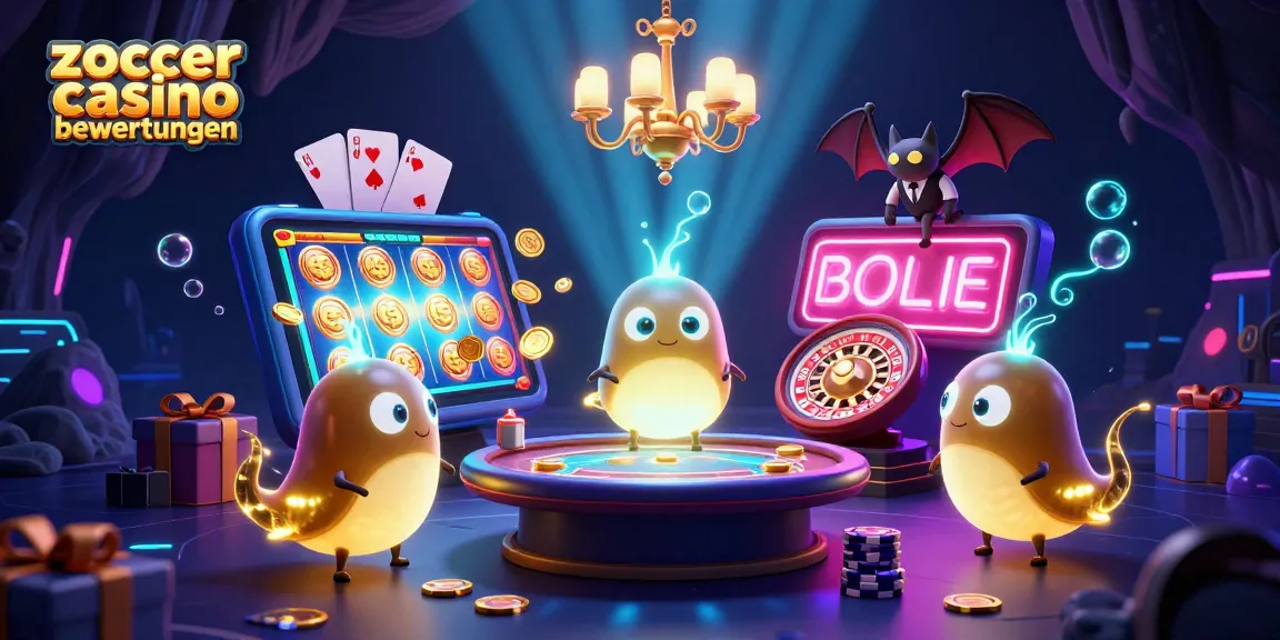 Zoccer Casino Bewertungen beleuchten, mit Glühwürmchen und Spielkarten in einem lebendigen Casino-Szenario.