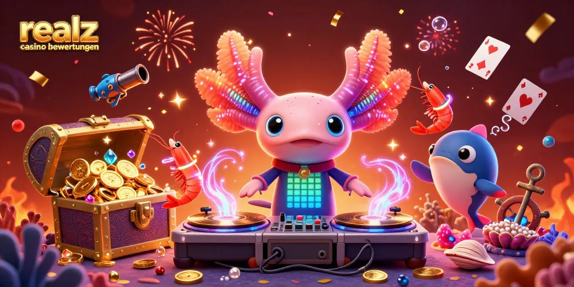 Bewerte realz casino bewertungen mit einem lebhaften 3D-Illustration-Szenario von einem DJ Axolotl und seinen Freunden.