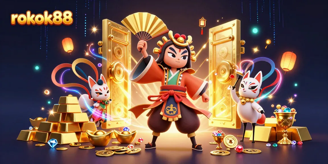 Experience thrilling wins at rokok88 with a vibrant 3D casino scene filled with treasures.