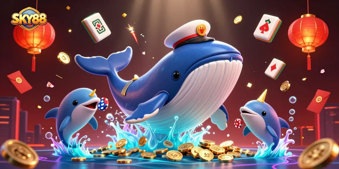 Engage with thrilling gameplay at SKY88 Casino featuring dynamic sea creatures celebrating with poker chips.