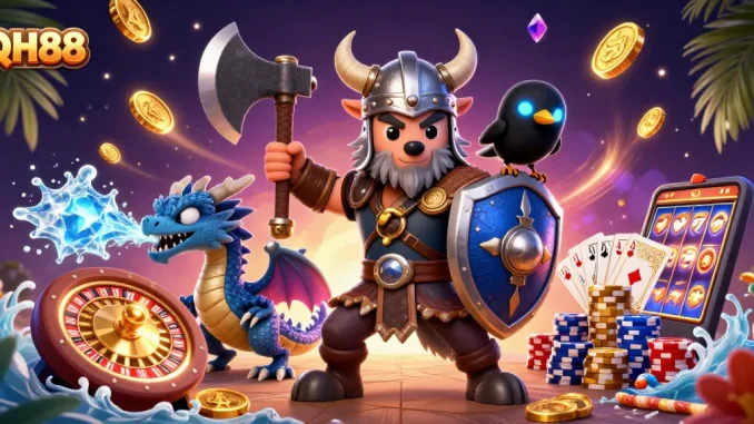 Engage in thrilling gameplay with QH88's Viking warrior alongside an icy dragon and raven.