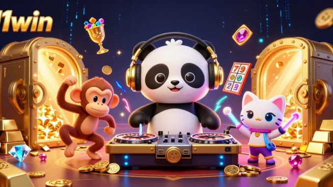 Join the fun at 11win with an electrifying DJ panda, vibrant characters, and casino treasures!